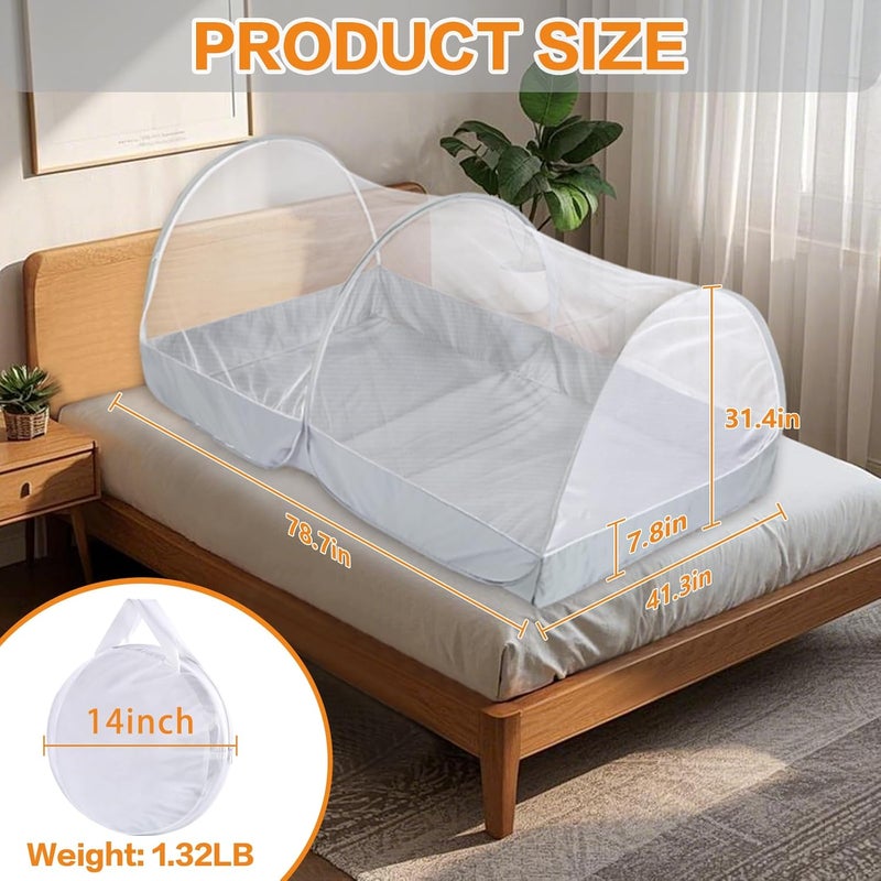 jiangcha Pop Up Mosquito Net for Bed - Portable Mosquito Tent with Dense Mesh - Bed Tent with Easy Fold Durable Mesh for Camping, Travel, Bunk Beds and Home Protection (White Gery) - Image 4
